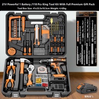 Perceuse à percussion 3-en-1 21V à 2 vitesses avec moteur sans balais, kit d'outils King de 118 pièces, coffret cadeau premium, forets, boîte de rangement en plastique rigide