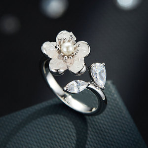 <b>Crystal</b> Flower Open <b>Ring</b> Adjustable Index Finger <b>Ring</b> With Pearl And Clear Stones Everyday Wear Jewelry - Product Image 1