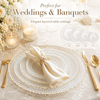 Assiettes de présentation en verre à bord doré, lot de vaisselle de mariage en cristal transparent côtelé, assiettes de dîner à louer, vente en gros directe d'usine, décoration de table de luxe