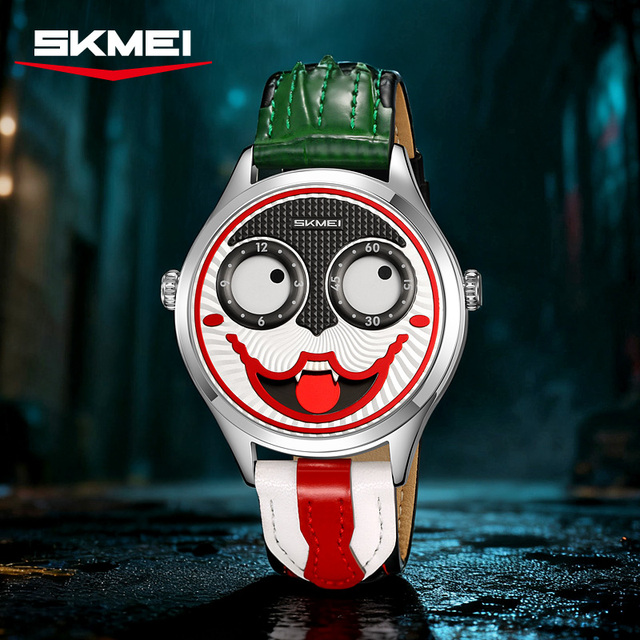 Factory Wholesale Unique Street style Men Watches OEM Customize logo Japan Movement Genuine Leather Clown Design Quartz Watch