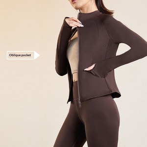 Veste athlétique confortable pour <span class=keywords><strong>femme</strong></span>, couleur unie, col montant, manches longues, vêtement <span class=keywords><strong>de</strong></span> yoga amincissant - Product Image 3