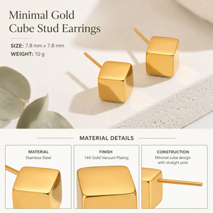 Pendientes de Acero Inoxidable con Baño de Oro de 14K, Diseño Geométrico Cuadrado Pulido, 7.8mm - Product Image 3