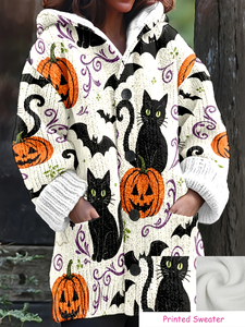 Cardigan à capuche boutonné pour <span class=keywords><strong>femme</strong></span>, imprimé chat noir, citrouille et chauve-souris, style décontracté pour le quotidien et les fêtes, personnalisable - Product Image 1