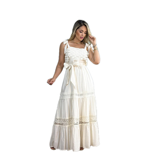 KY été dames brodé blanc longue robe parole longueur noeud papillon creux licou doux Style tricot tissu imprimé sans col - Product Image 1