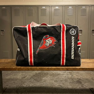 Large Heavy Duty Black Tarpaulin Hockey <b>Duffel</b> <b>Bag</b> with Polyester Lining and White Red Straps Custom Logo - Product Image 1