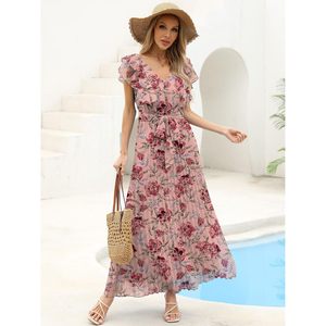 Vestido Maxi de Gasa con Cuello en V, Manga con Volantes, Estampado Floral, Plisado, Cintura Imperio, Estilo Bohemio, para Fiesta de Verano, Invitada de Boda, Corte A Fluido - Product Image 2