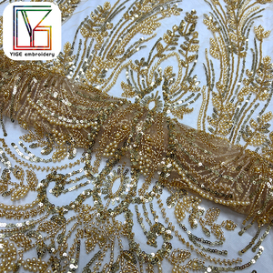 Sang Trọng Nặng Vàng Ngọc Trai Sequin Lưới Ren Vải Phi Chất Lượng Cao Bridal Đính Cườm Net Tulle Ren Vải Cho Váy Cưới - Product Image 4
