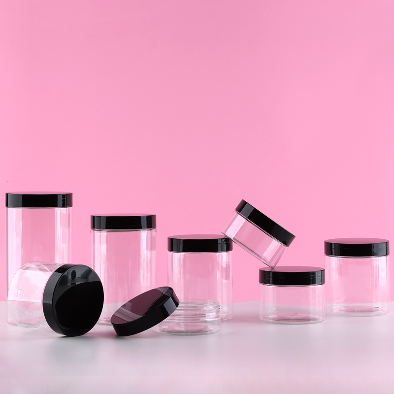 Food Grade 50Ml 100Ml 1oz 4oz 8oz 16oz 250g 400ml PET Plastic Cosmetic Cream Hair Gel Body Scrub Butter Slime Jar With Black Lid