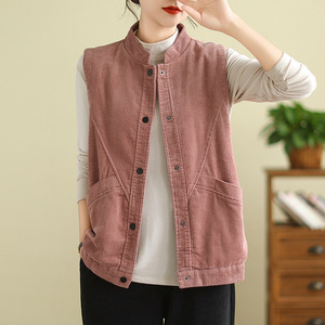 Custom Logo Women's <strong>Mustard</strong> Yellow Corduroy Stand Collar Sleeveless Vest Button Down <strong>Waistcoat</strong> Casual Vest - Product Image 6