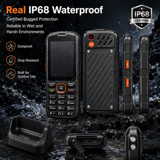 4G Rugged Powerhouse Phone IP68 Waterproof Outdoor Feature Phone Deca Core CPU 2.8-inch Screen WiFi Charging Dock SOS Button for