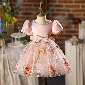Boutique simple robe conception filles robe rose corsage floral tulle jupe perles filles élégante robe de soirée vestidos para nias