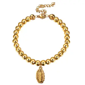 Risingmoon Gold Silver Plating Handmade Stainless Steel Beads Virgin Mary Catholic Jesus Bracelet