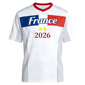 Maglietta Francia 2026 Bianca con Collo a V Rosso, Maglia da Calcio con Bandiera e Due Stelle Campioni per Tifosi - Product Image 1