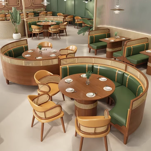 Banqueta de Cuero Verde Bosque con Respaldo de Ratán, Estilo Tropical Chic, Juego de Muebles de Comedor para Restaurante, Juego de Asientos Circulares - Product Image 4