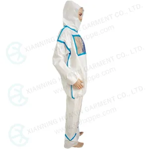 White microporous suit with EVA window and blue taped seam
