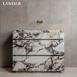 Design moderne Lander Stone Calacatta Voila Vanité <span class=keywords><strong>de</strong></span> <span class=keywords><strong>salle</strong></span> <span class=keywords><strong>de</strong></span> <span class=keywords><strong>bain</strong></span> Évier en marbre Lavabo avec armoires Vanités en pierre naturelle - Product Image 1