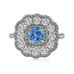 Anillo Dylam de la Colección Top End, Chapado en Rodio, Plata de Ley 925, con Diamantes Brillantes, Flor Azul Grande Cuadrada, Eternidad, Zirconia 5A - Product Image 1