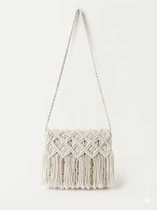 Bolso Bandolera de Macramé Blanco con Flecos y Borlas, Tejido a Mano, con Cremallera, Ligero, Ideal para la Playa, Color Sólido, Casual, para Viajes - Product Image 2