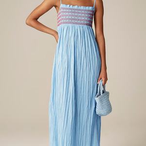 Vestido Midi de Verano de Cintura Alta OEM para Mujer, Casual, de Lino con Bordado Floral, Nuevo, Holgado, de Algodón Tejido, con Cintura Natural - Product Image 1