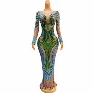 Birthday Costume Evening Dance Performance Sparkly Blue Pearls Green Rhinestones Nude Transparent Dress