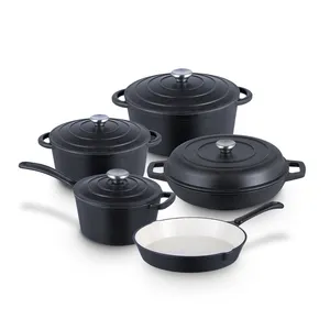 Peralatan rumah tangga cerah grosir Matte hitam, panci masak dan panci cor besi Casserole, Set panci 9 buah Set peralatan masak besi cor