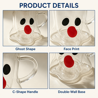 Taza de Vidrio de Doble Pared Aislada de 440 ml con Asa en Forma de C, Diseño de Cara Impresa, Base Ondulada, para Café, Té, Regalo de Halloween, con Diseño de Fantasma