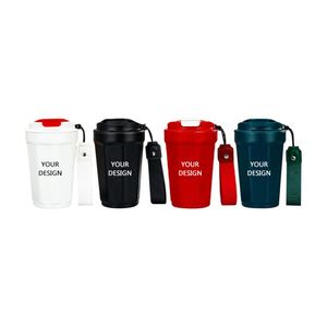 Taza de Café de Acero Inoxidable Facetada con Logotipo Personalizado, Taza de Viaje Aislada al Vacío con Tapa Abatible y Correa de Transporte, 390 ml - Product Image 1