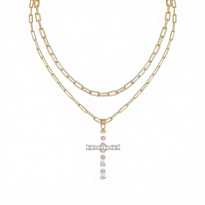 14893 Ins Style Timeless Christian Jewelry S925 Silver Gold Plated Clavicle <b>Chain</b> Necklace Moissanite <b>Cross</b> Pendant Layared - Product Image 2
