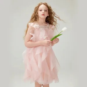 Nueva moda con cuentas niñas vestido de fiesta de cumpleaños Rosa una línea diseño de vestido falda tutú encantadora 3-12 años vestidos de novia de flores para niñas