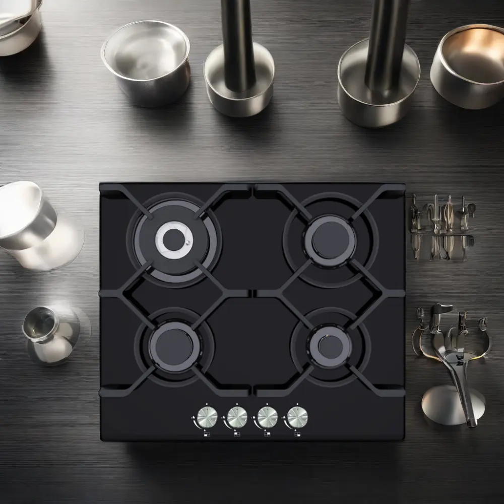 Hot Sale 4 Burner Built-In Gas Hob for Kitchen Knob Control Iron Stainless Steel Surface Electric Power Source Also Garage Use