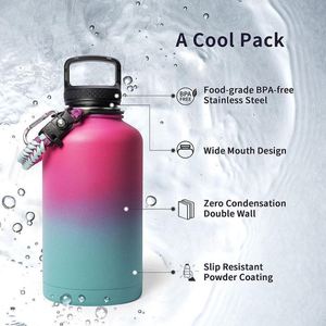 Grande bouteille d'eau isotherme en acier inoxydable de 2L (64oz/128oz) avec couvercles à bec verseur et poignée – Performance thermique 12-24h - Product Image 6