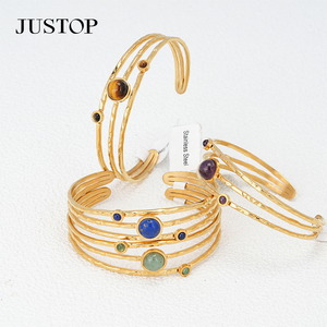 Brazalete JUSTOP de Acero Inoxidable Chapado en Oro con Incrustaciones de Piedra Natural Azul, Estilo Moderno, Joyería para Mujer - Product Image 6