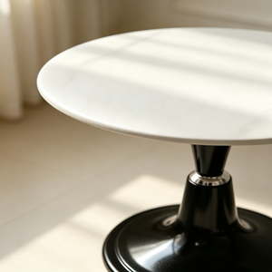 Modern <b>Round</b> <b>Side</b> <b>Table</b> White Tabletop Glossy <b>Black</b> Pedestal Base Silver Decor Ring Living Room <b>Table</b> Hotel Accent Furniture - Product Image 2