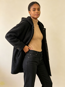 Abrigo de lana Teddy con capucha para mujer, chaqueta cálida de sherpa con botones de longitud media y extragrande - Product Image 2