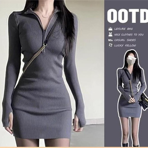 Pure Desire 2023 New German Velvet Sexy Dress Long Sleeve Autumn Winter Slim Fit Bodycon Short Skirt Zipper Hooded Neck Solid - Product Image 1