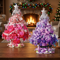 Ensemble de blocs de construction pour arbre de Noël, 2 pièces, modèle de briques florales roses et violettes avec étoile et flocon de neige, décoration de Noël DIY, cadeau