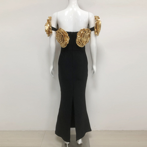 <span class=keywords><strong>Robe</strong></span> de Soirée <span class=keywords><strong>Noire</strong></span> de Luxe pour Femme, <span class=keywords><strong>Robe</strong></span> <span class=keywords><strong>Longue</strong></span> Moulante Formelle avec <span class=keywords><strong>Fleurs</strong></span> 3D Dorées, Robes Élégantes pour Femmes - Product Image 4