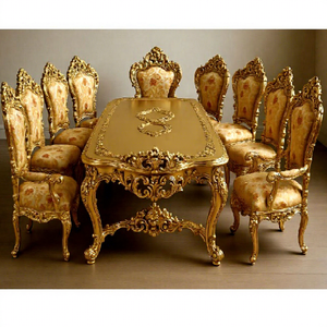 Maharaja Style Hand Carved Gold Finish Teak Wood Dining <b>Table</b> Set Comfortable 9-Piece Traditional European Dining Furniture - Product Image 1