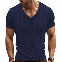 Chemise Homme 100% Coton Gaufré à Manches Courtes Col V Coupe Slim Anti-Plis Tissu 300g Décontractée Été Business Streetwear