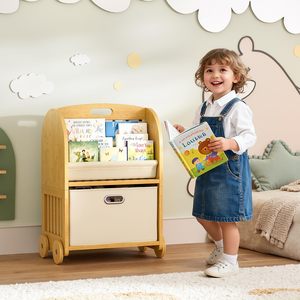 Estantería Infantil Ecológica de Bambú de 3 Niveles con Ruedas Seguras y Cajón de Almacenamiento Grande para Sala de Estar, Estantería Montessori - Product Image 3