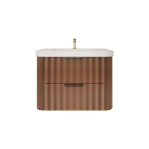 Mobile <span class=keywords><strong>Bagno</strong></span> Sospeso Marrone Scanalato con Specchio e Lavabo in Ceramica Bianca - Vendita all'Ingrosso - Product Image 2