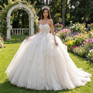 Robe de mariée élégante Spjy011 en satin ivoire, longueur ras du sol, sans bretelles, avec traîne Watteau, perles, appliques en dentelle et tulle scintillant - Product Image 1