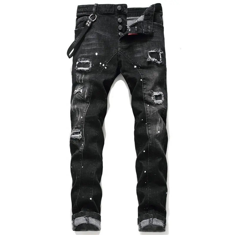 Factory direct sale mens biker jeans ripped skinny washed black ripped jeans