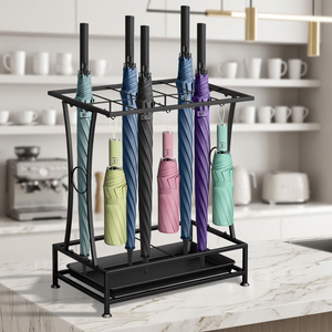 Organisateur de parapluies en métal avec 6 crochets, support de parapluie robuste pour l'intérieur et l'extérieur, porte-parapluie industriel noir - Product Image 1