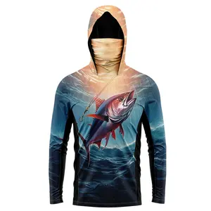 Upf50+ Sun Protection Quick Dry Fishing Hoodies Long Sleeve Polyester Mens Fishing Shirts With Face Mask