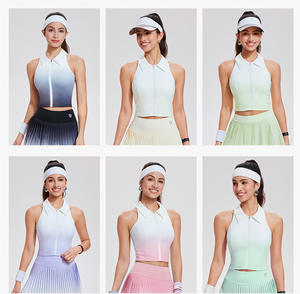 ガールズゴルフドレス ノースリーブ パッド入りポロカラーテニスシャツ ジッパー付き グラデーションプリーツスカート バドミントンウェア - Product Image 4