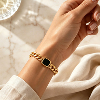 Bracelet chaîne cubaine plaqué or 18 carats en acier inoxydable avec breloque carrée en émail noir, étanche et inaltérable, pour femmes et hommes