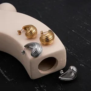 Latest 18K Gold Plated Stainless Steel Jewelry Hollow Stripe Tear Drop Earrings Texture Waterdrop For Woman Earrings E231485