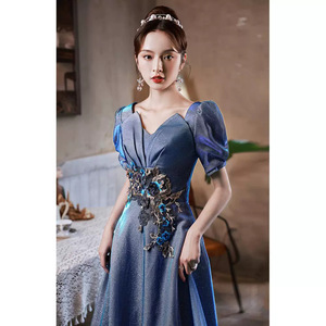 Evening Dress V-Neck A-Line Blue Satin Floral Print Natural Waistline Polyester Fabric - Product Image 1