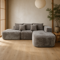 Canapé modulaire en velours côtelé orange brûlé et vert, en forme de L, avec chaise longue, bicolore, profil bas, pour salon